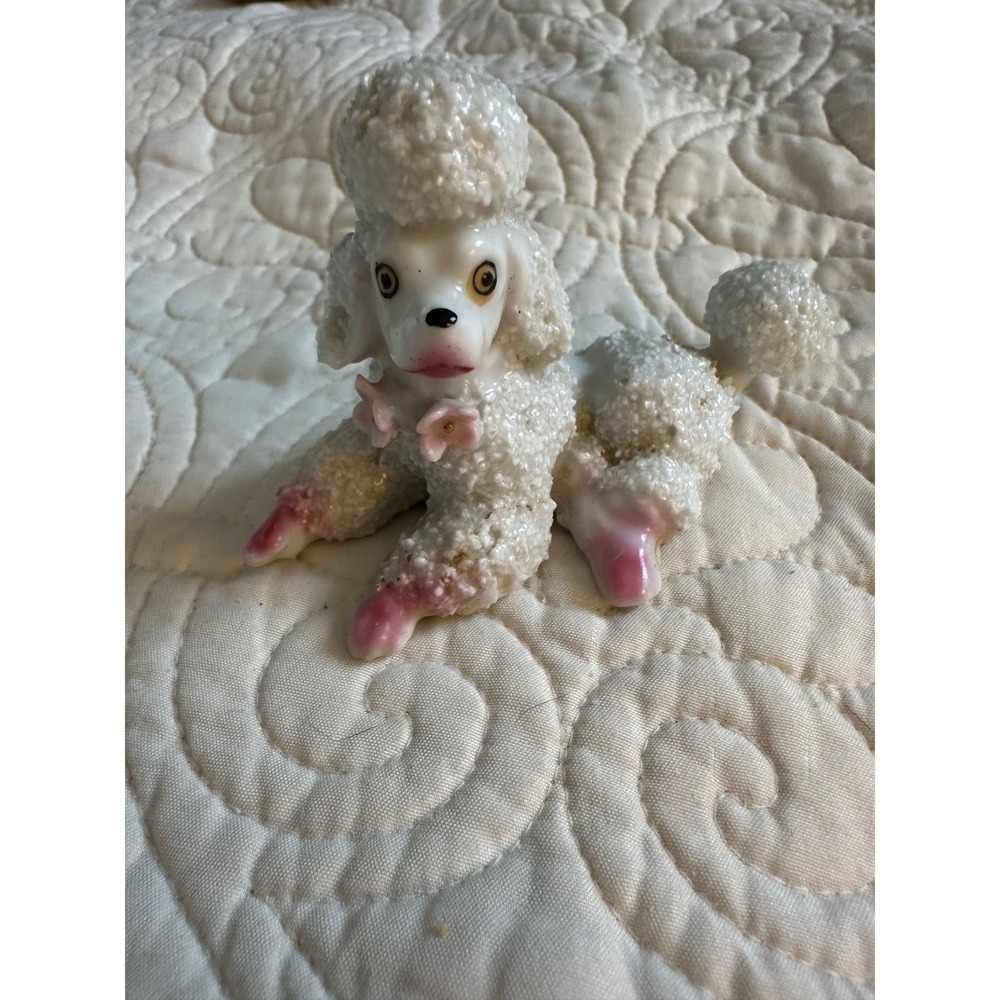 Vintage Spaghetti Poodle Figurine Japan White Pink Porcelain Dog Mid Century